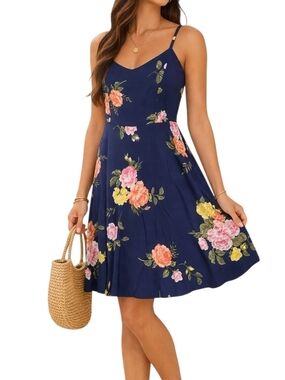 Old Navy Floral Dress Med Navy Blue Sundress Fit Flare Spaghetti Strap Summer